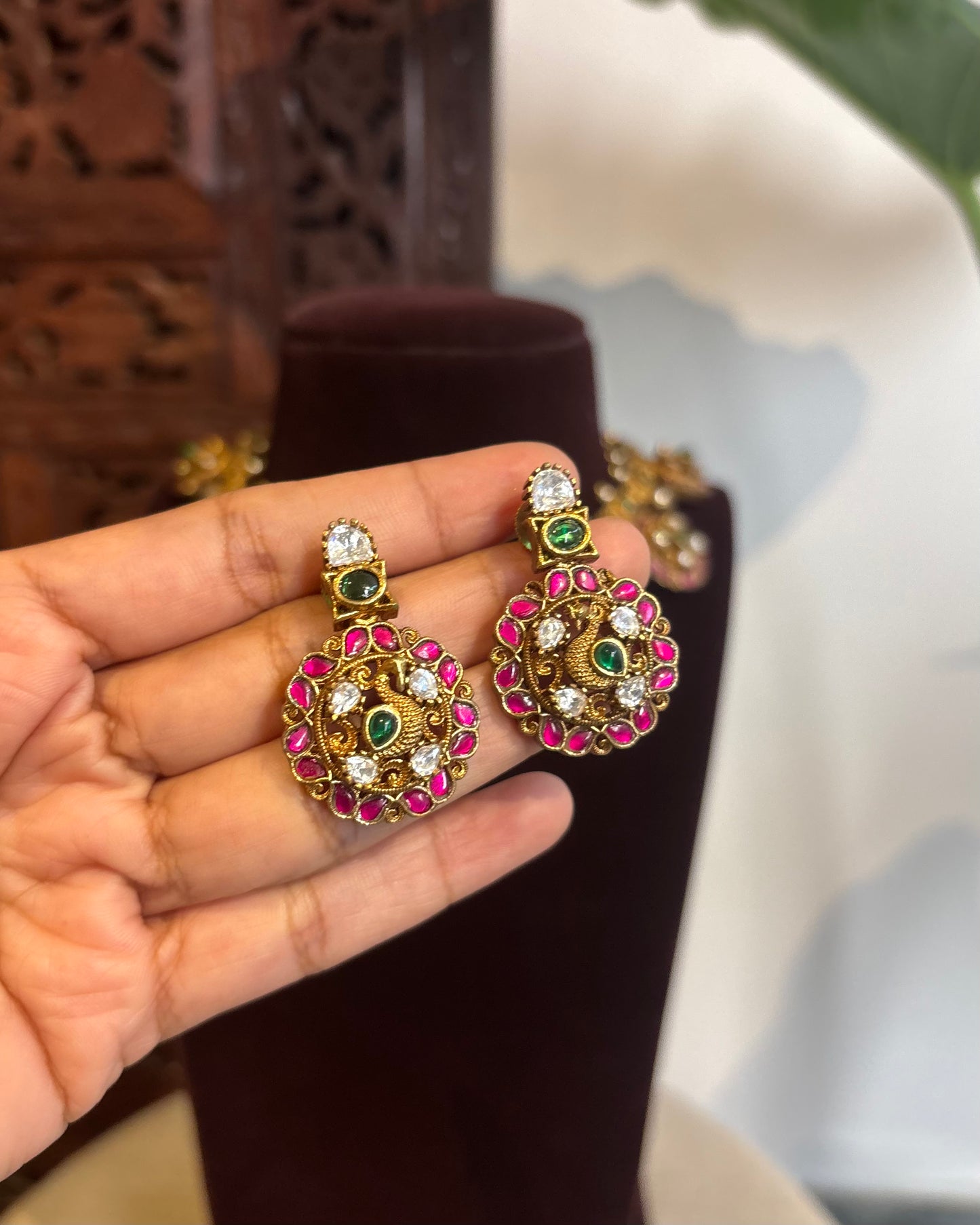 Antique Matte Gold Peacock Necklace Set with Kundan Stones | NC246