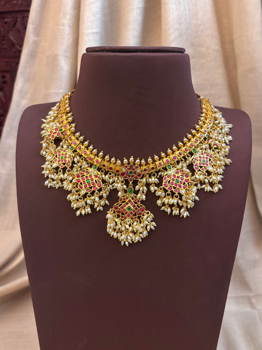 Jadau Kundan Guttapusalu Necklace Set – Gold-Plated Bridal Jewellery with Earrings | NC085