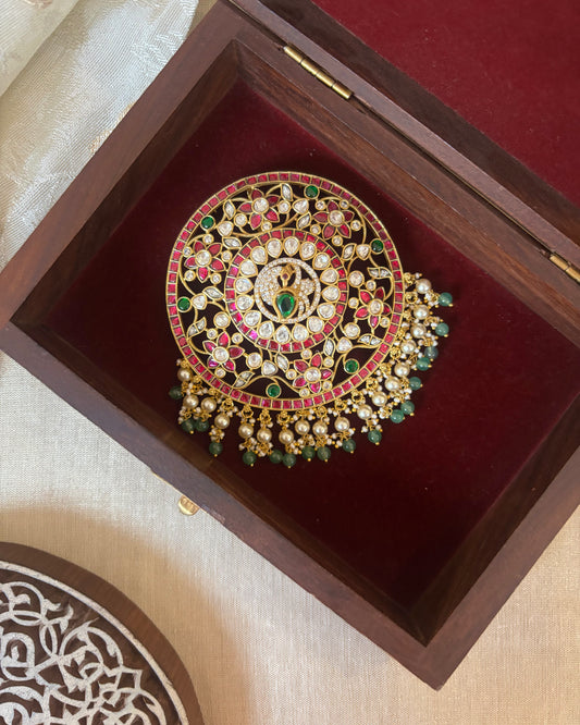 Grand Floral Peacock Jadau Kundan Mossanite Pendant  | HA289