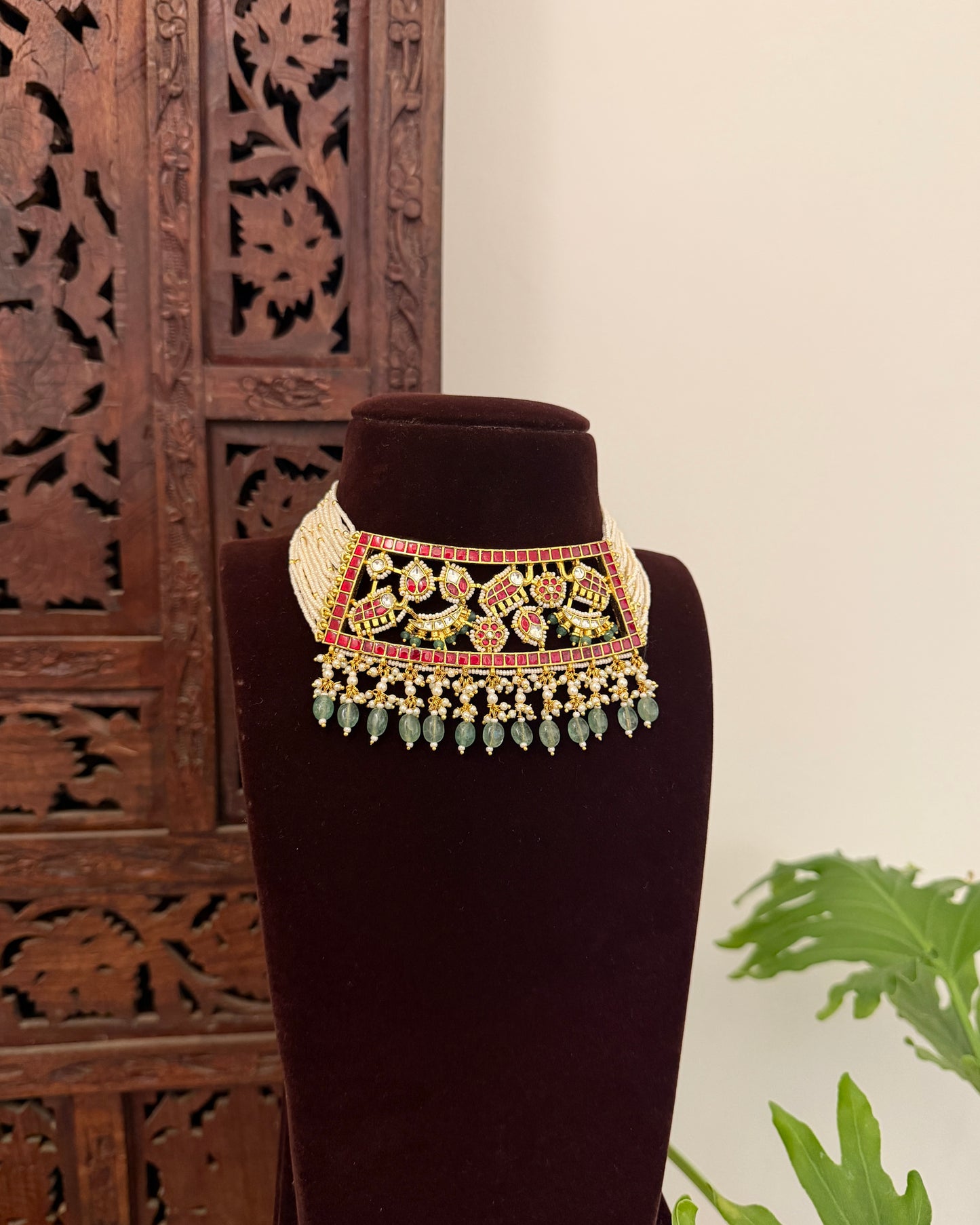 Multi Colour Jadau Kundan Statement Choker Necklace with Floral Center Pendant With Earrings  | NC688