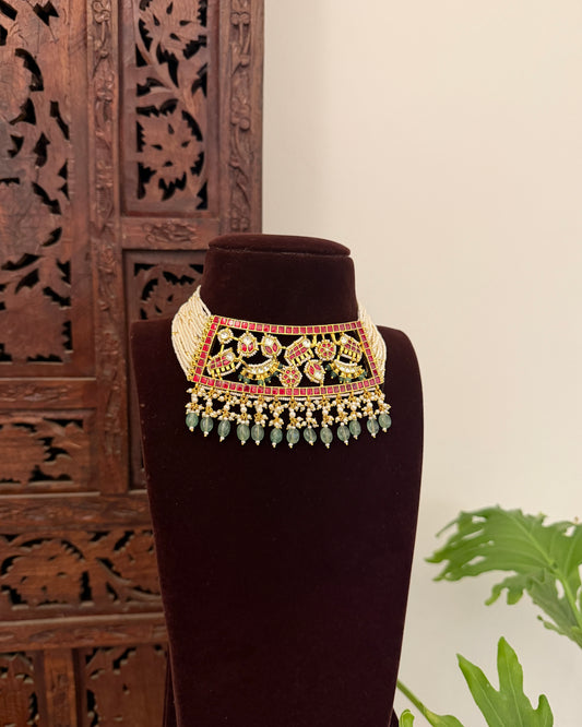 Multi Colour Jadau Kundan Statement Choker Necklace with Floral Center Pendant With Earrings  | NC688