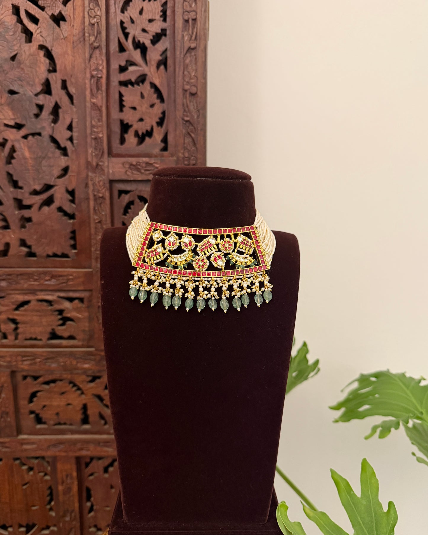 Multi Colour Jadau Kundan Statement Choker Necklace with Floral Center Pendant With Earrings  | NC688