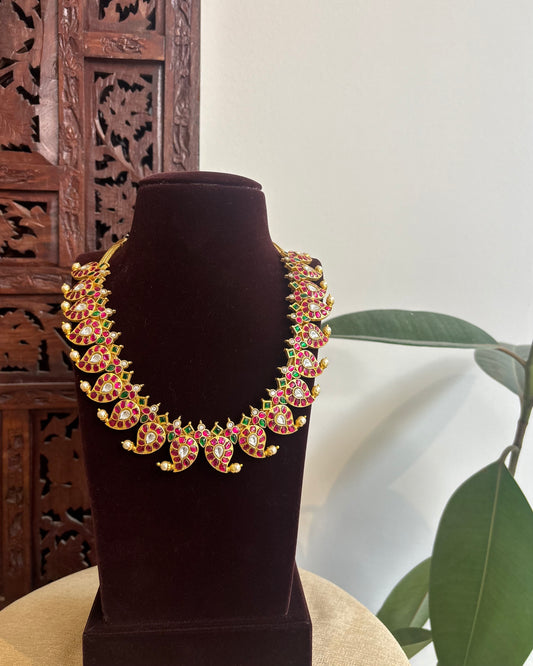 Ruby & White Kundan Necklace – Contemporary Teardrop Design with Jhumkas | NC362