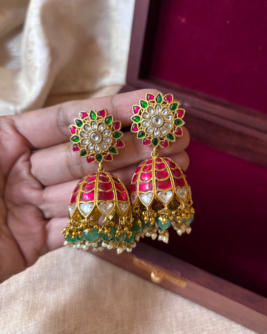 Bridal Jadau Kundan Jhumkas with Pearls & Strawberry Beads | ER054