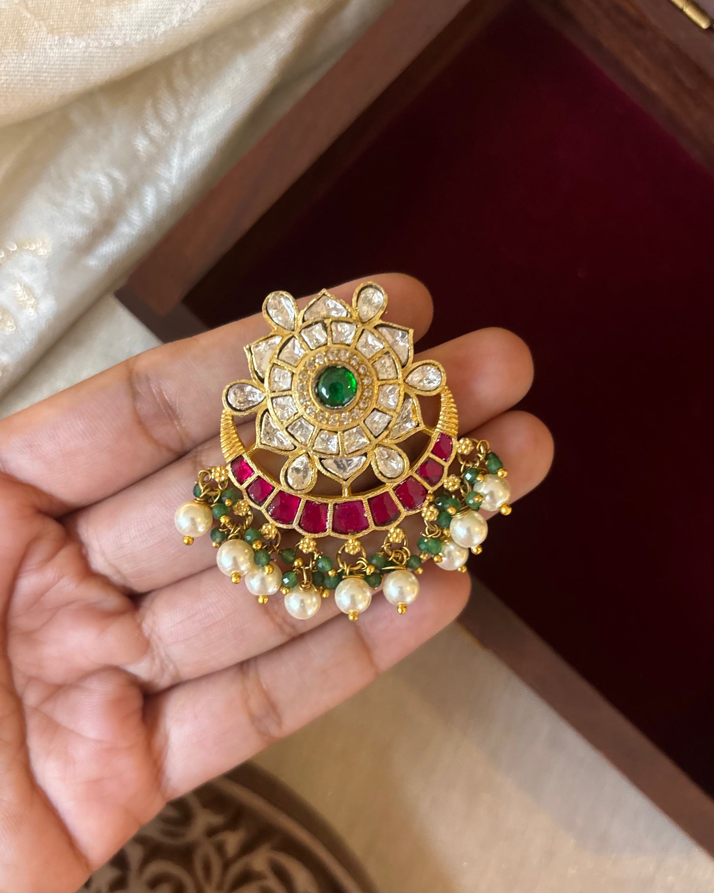 Multicolor Royal Floral Jadau Kundan Pendant | Ruby & White | HA288