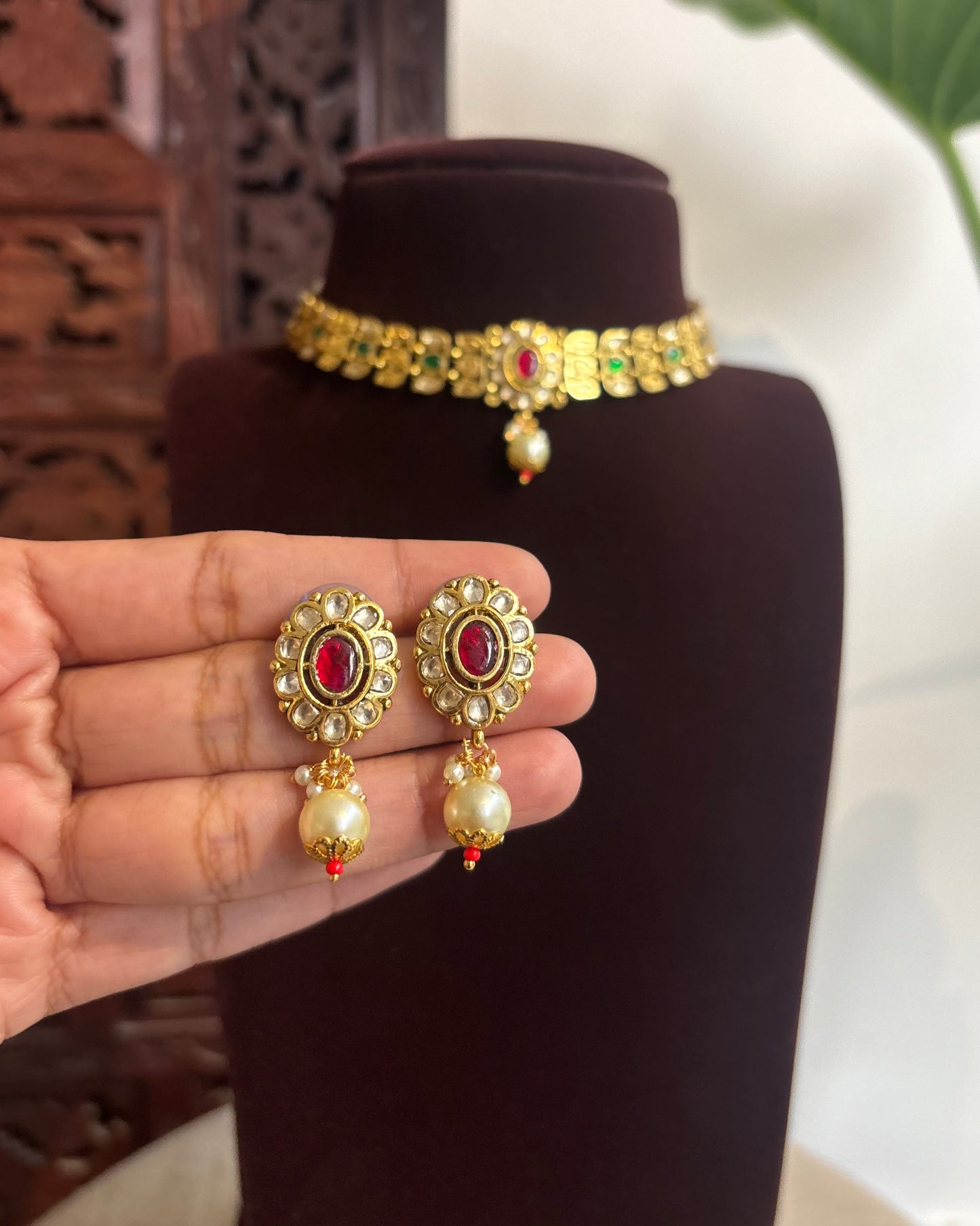 Premium Matte Finish Lotus Necklace Set with Floral Kundan Pendant & Matching Earrings | NC256