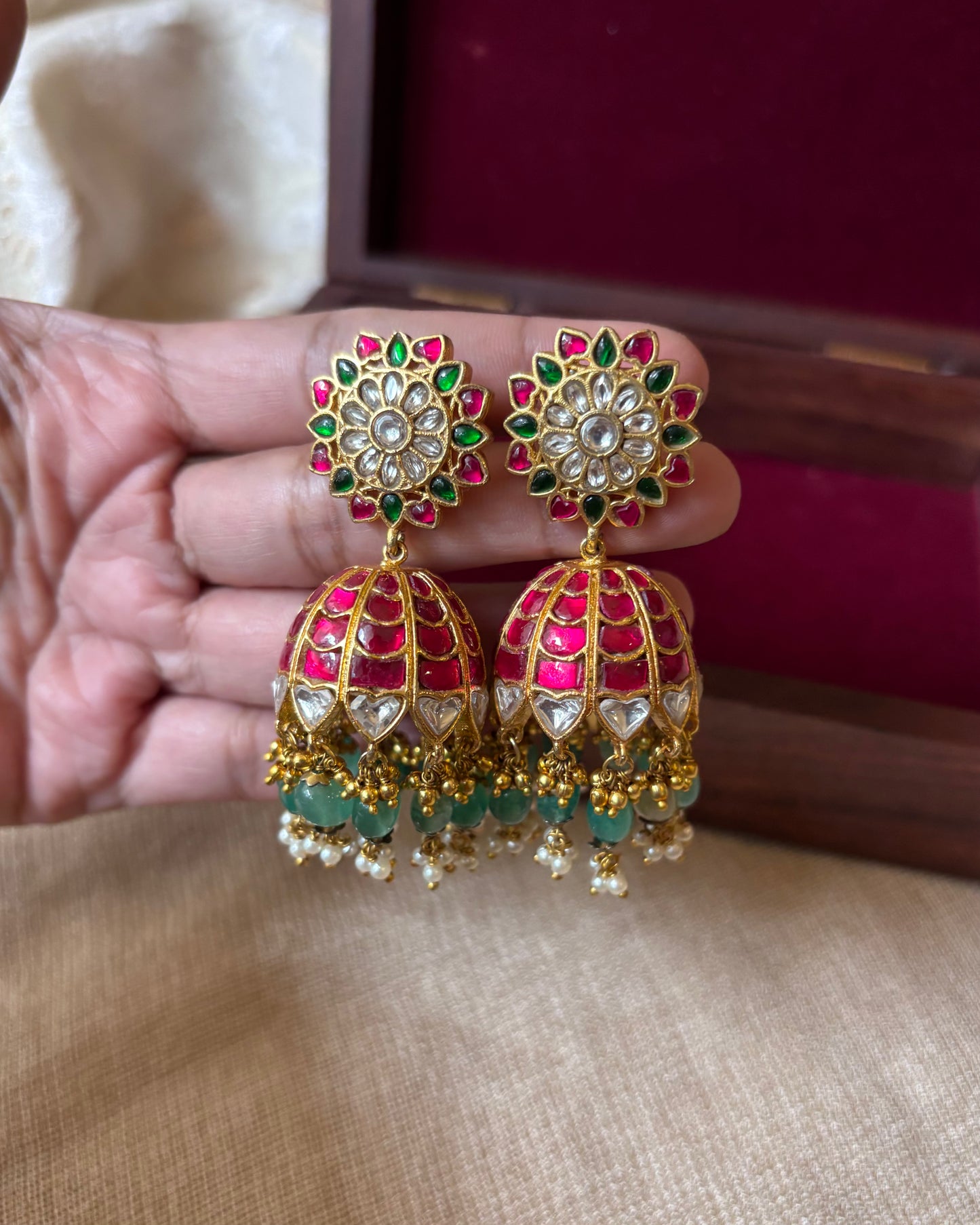 Bridal Jadau Kundan Jhumkas with Pearls & Strawberry Beads | ER054
