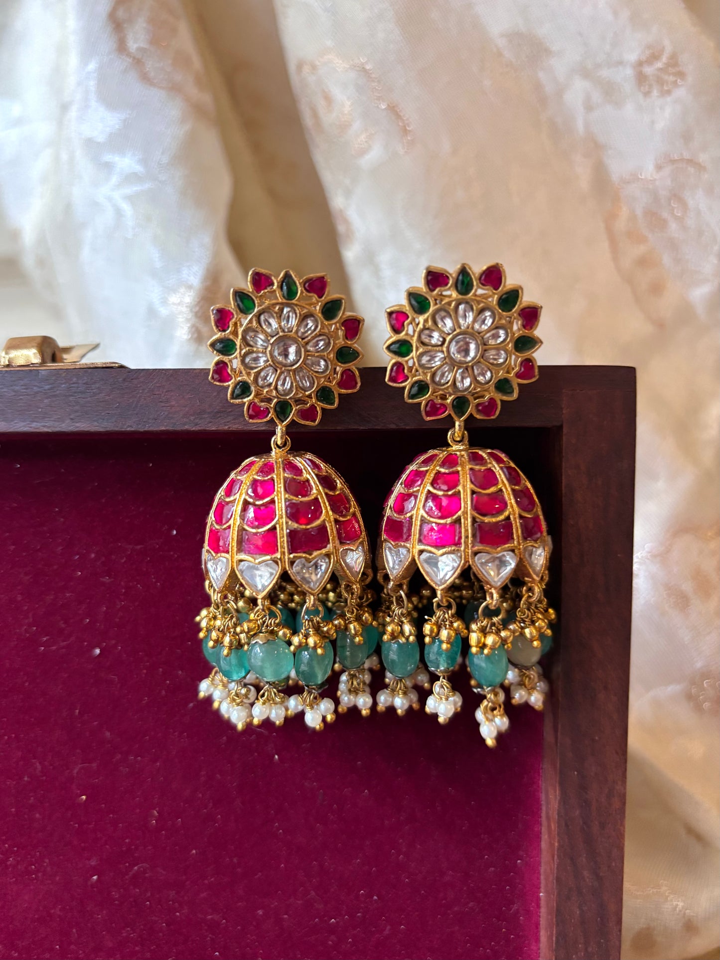 Bridal Jadau Kundan Jhumkas with Pearls & Strawberry Beads | ER054