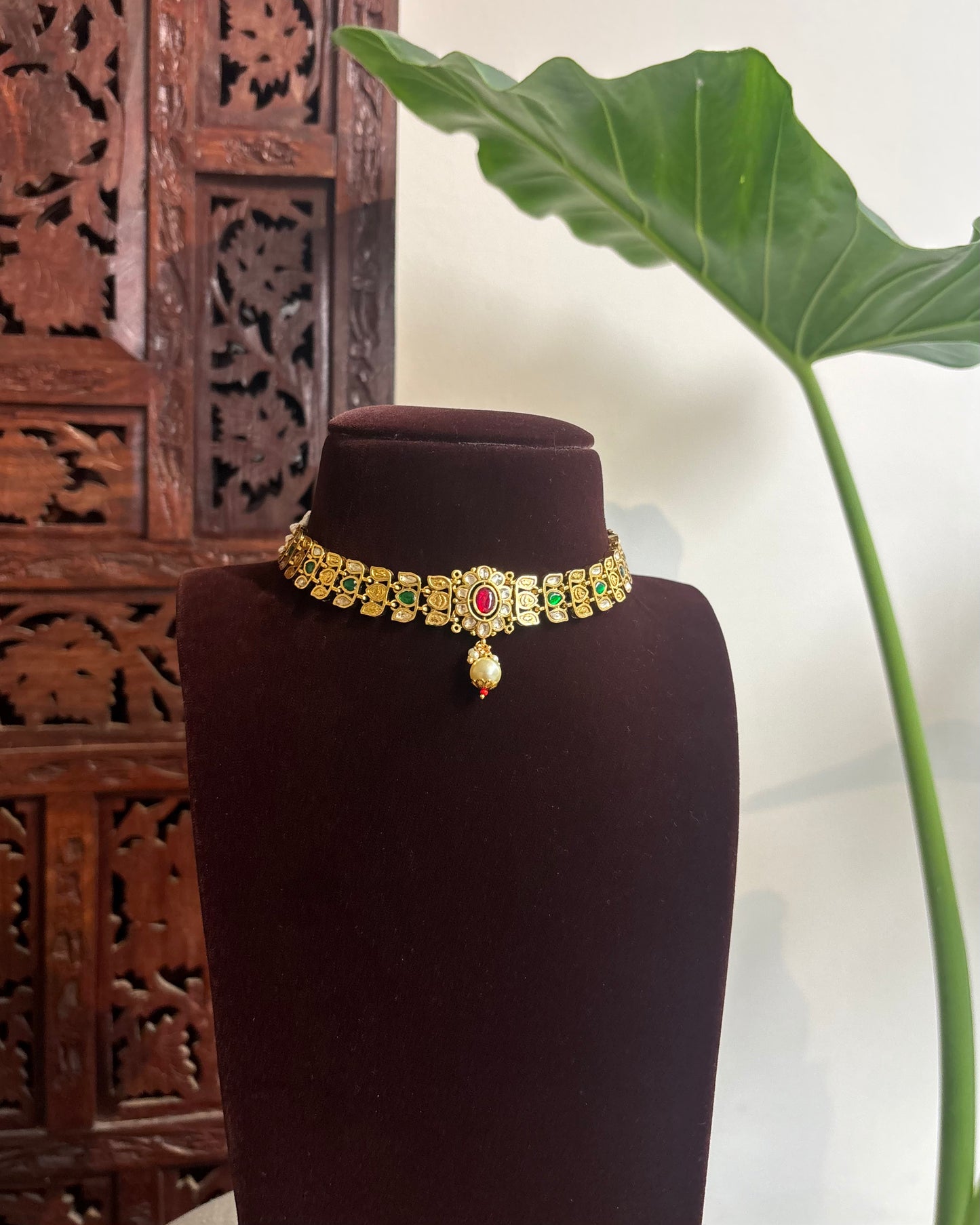 Premium Matte Finish Lotus Necklace Set with Floral Kundan Pendant & Matching Earrings | NC256