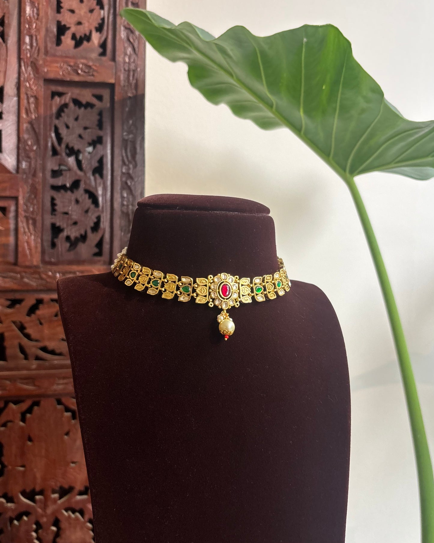 Premium Matte Finish Lotus Necklace Set with Floral Kundan Pendant & Matching Earrings | NC256