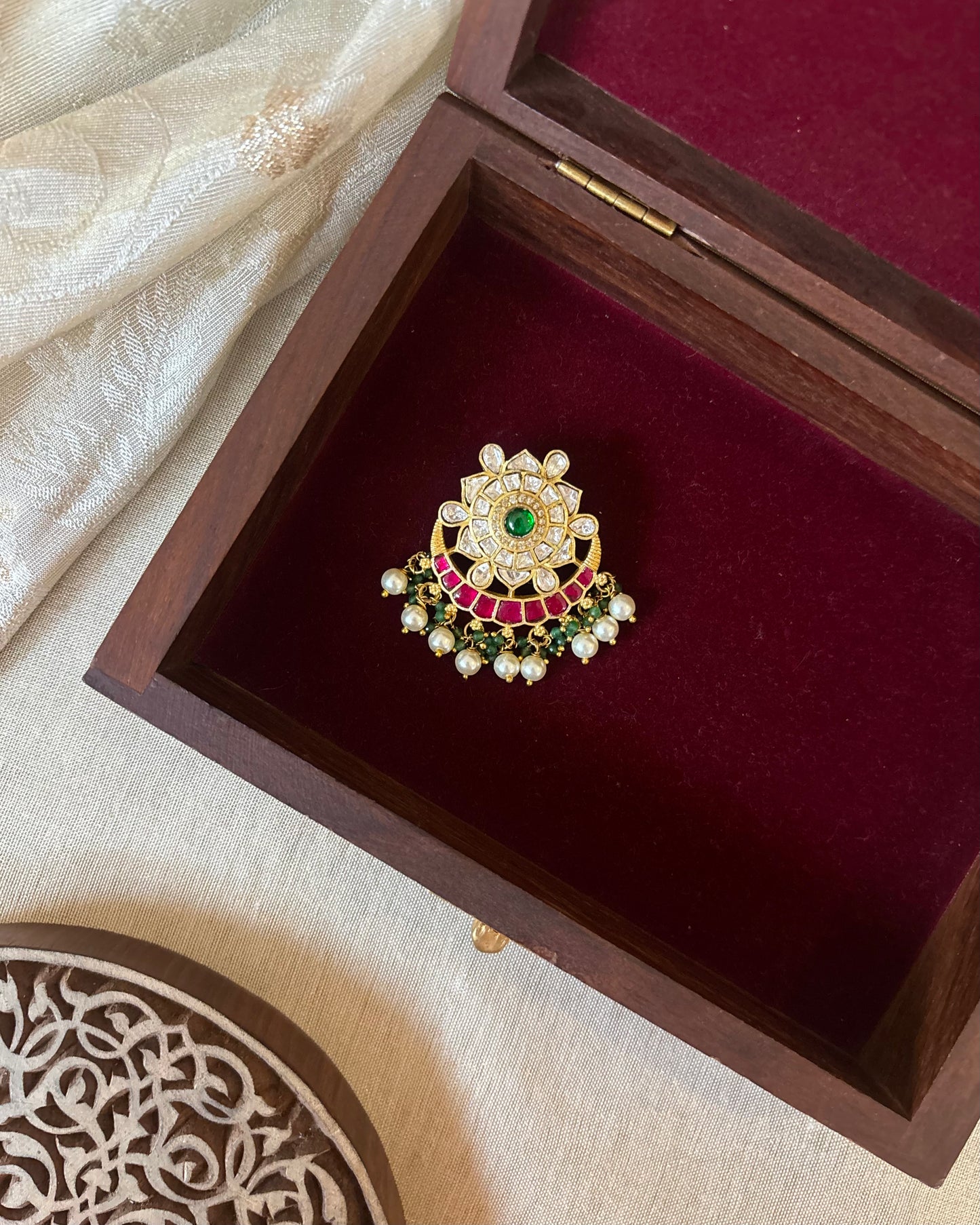 Multicolor Royal Floral Jadau Kundan Pendant | Ruby & White | HA288