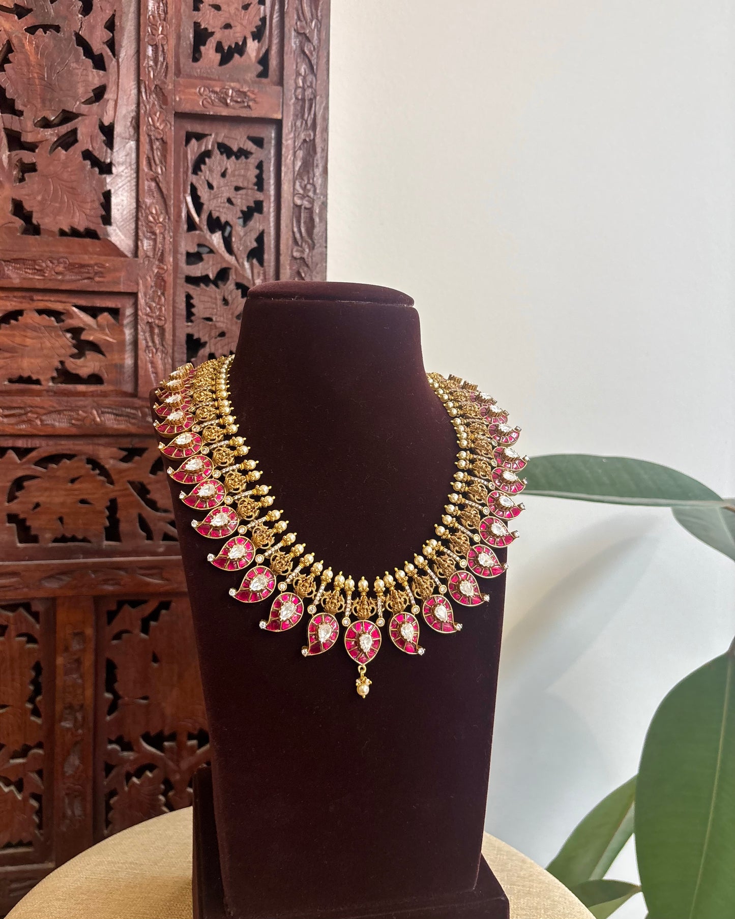 Ruby & White Kundan Necklace – Contemporary Teardrop Design with Jhumkas | NC347