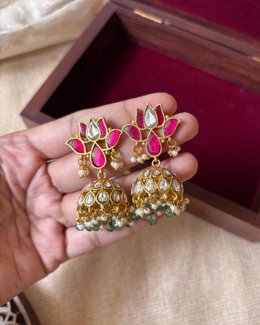Lotus Statement Multicolor Jadau Kundan Jhumkas | ER056
