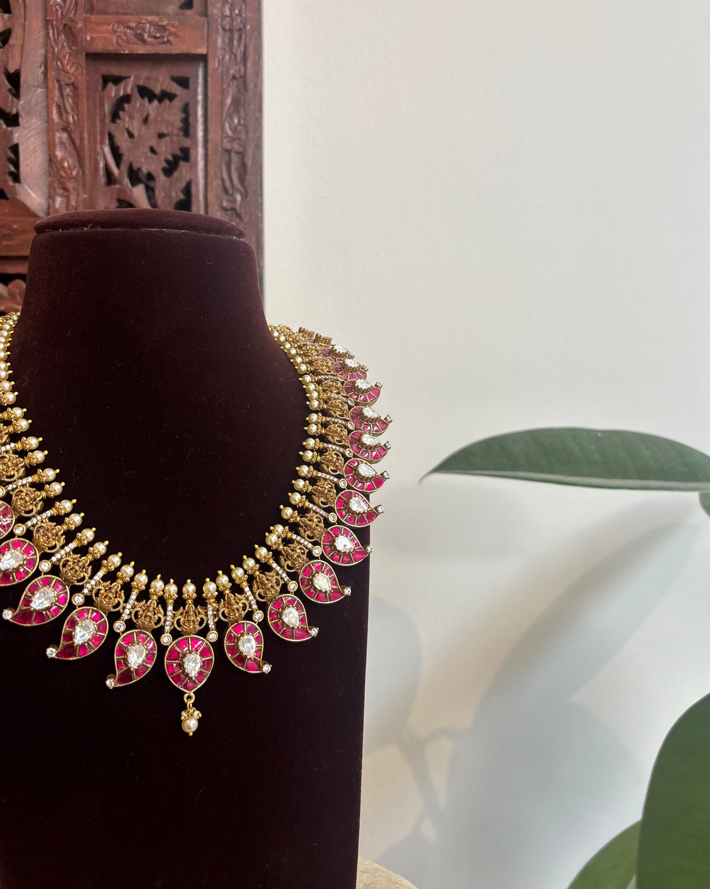 Ruby & White Kundan Necklace – Contemporary Teardrop Design with Jhumkas | NC347
