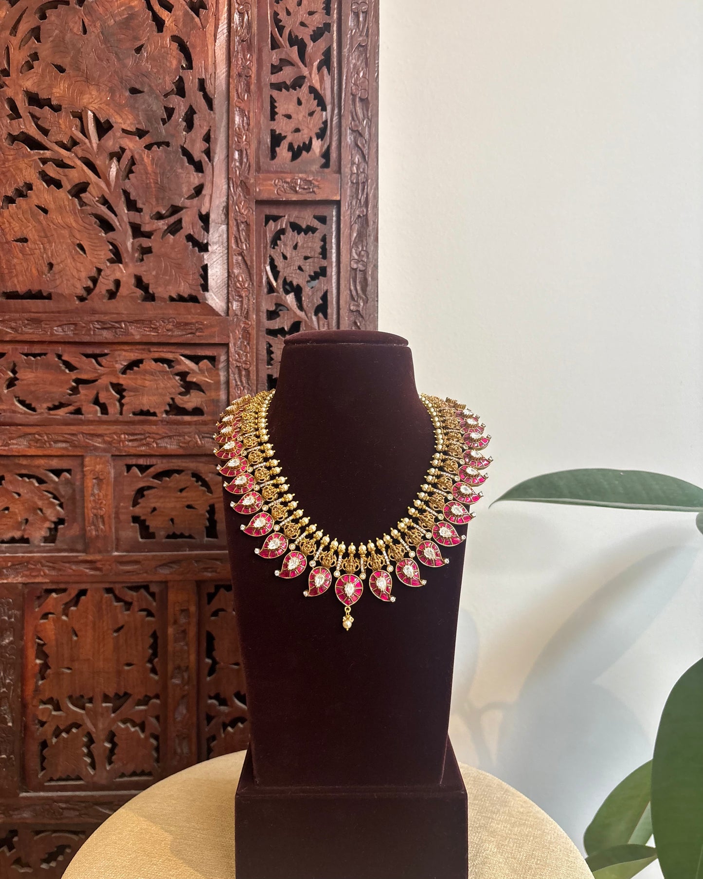 Ruby & White Kundan Necklace – Contemporary Teardrop Design with Jhumkas | NC347