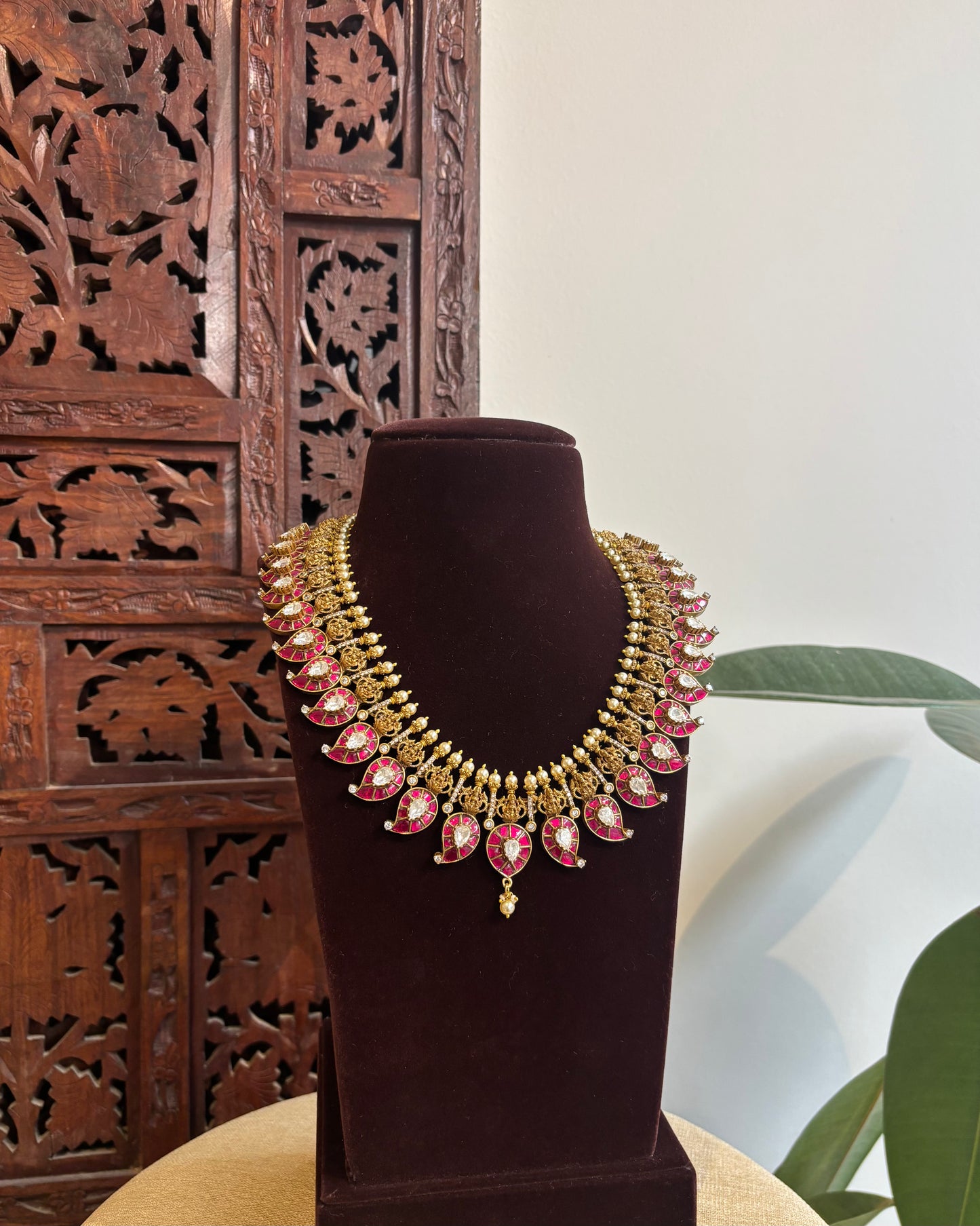 Ruby & White Kundan Necklace – Contemporary Teardrop Design with Jhumkas | NC347