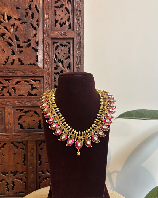 Ruby & White Kundan Necklace – Contemporary Teardrop Design with Jhumkas | NC347