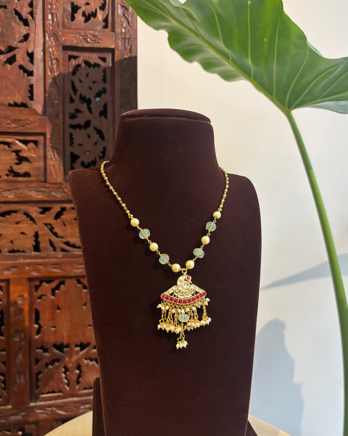 The Varna Edit: Minimal Beaded Necklace with Peacock Pendant | NC258