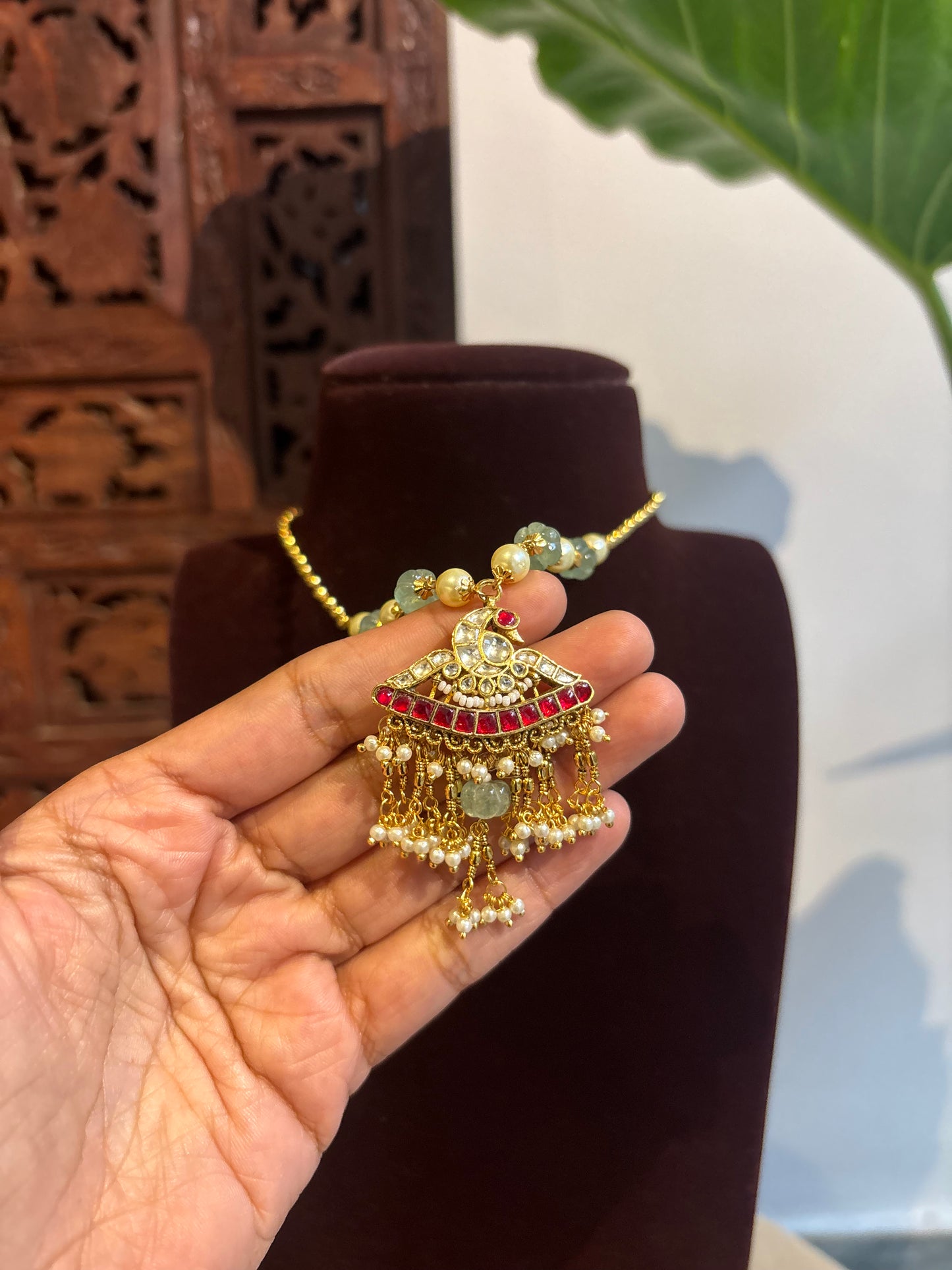 The Varna Edit: Minimal Beaded Necklace with Peacock Pendant | NC258