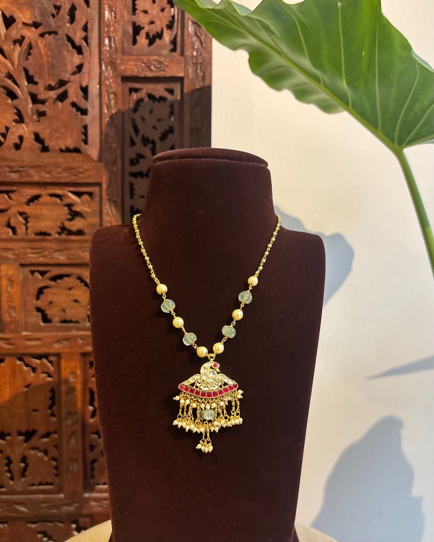 The Varna Edit: Minimal Beaded Necklace with Peacock Pendant | NC258