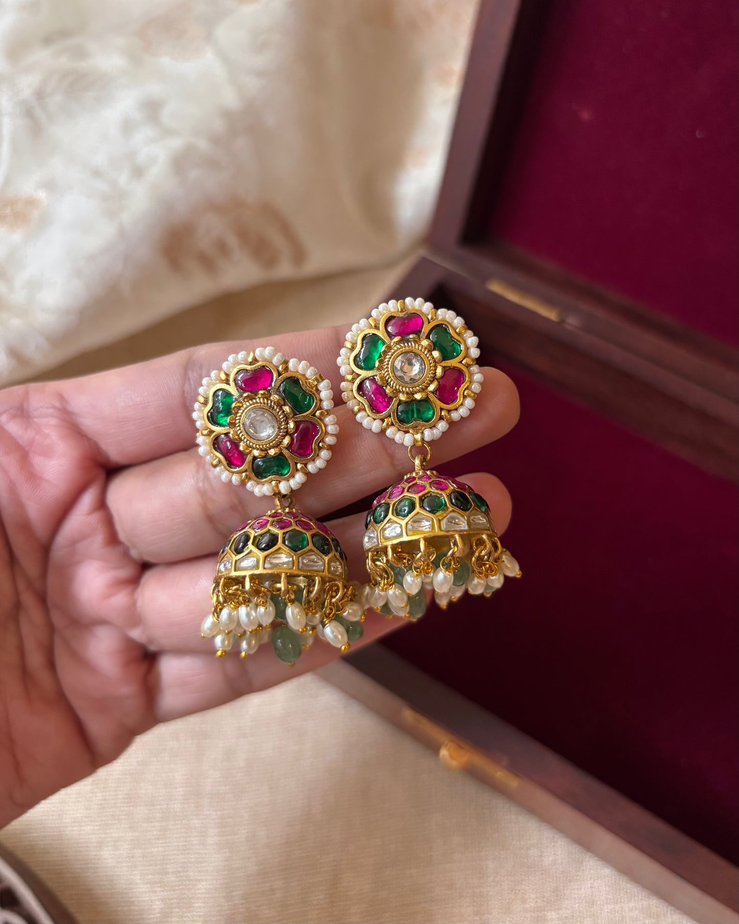 Floral Statement Multicolor Jadau Kundan Jhumkas | ER060