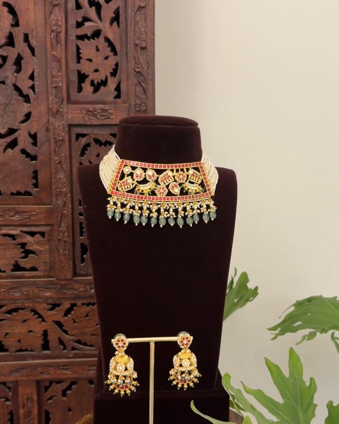 Multi Colour Jadau Kundan Statement Choker Necklace with Floral Center Pendant With Earrings  | NC688