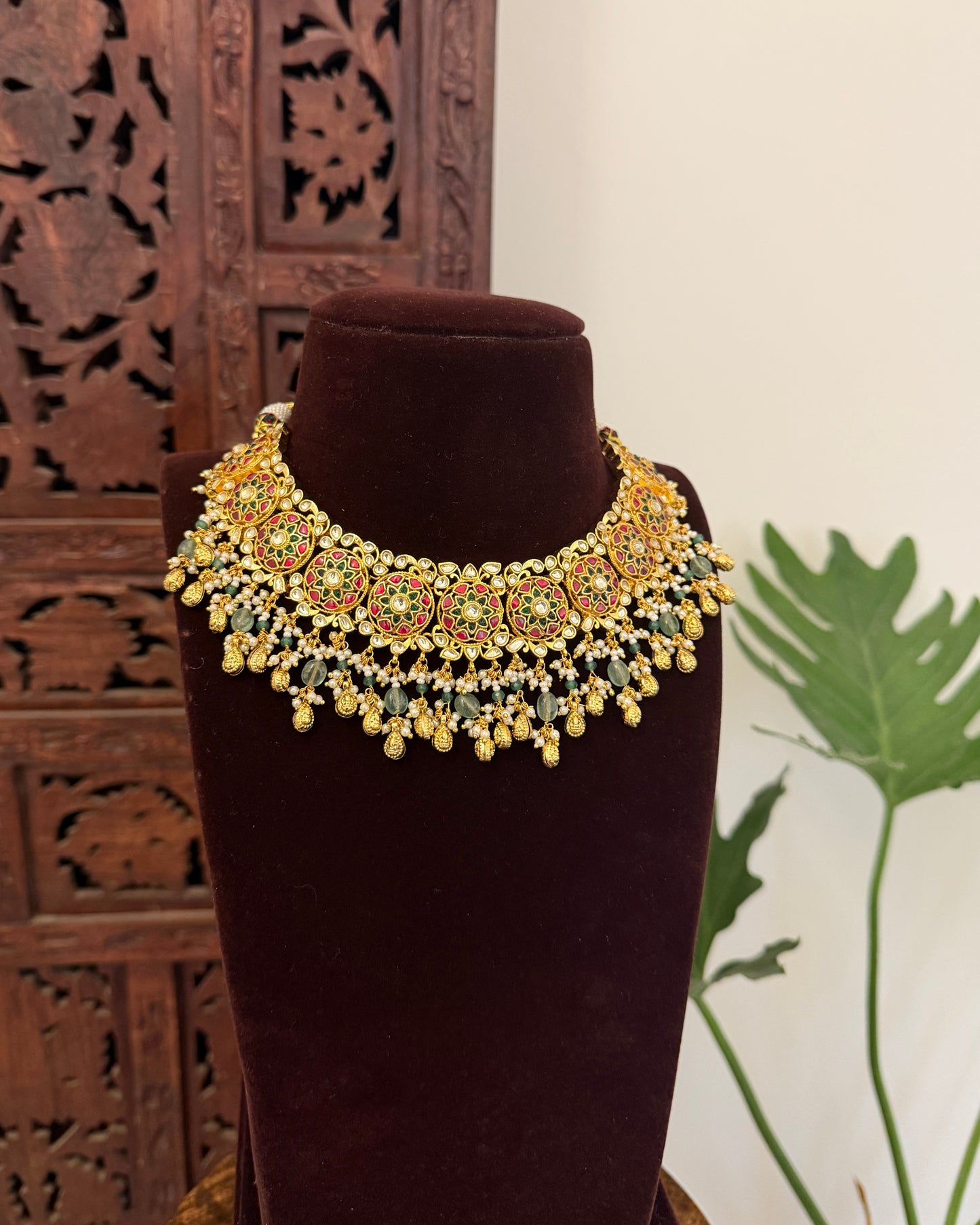 Multicolor Floral Jadau Kundan Necklace Set with Earrings | NC684