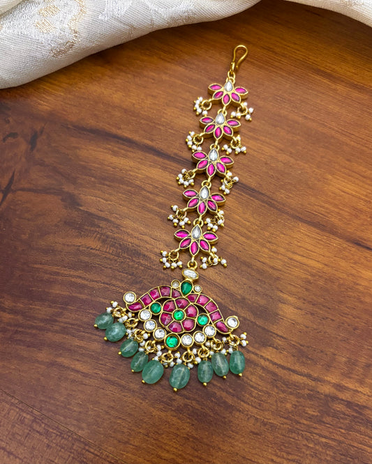 Gold Plated Jadau Kundan Maang Tikka with Floral Pendant and Floral Chain | MT114