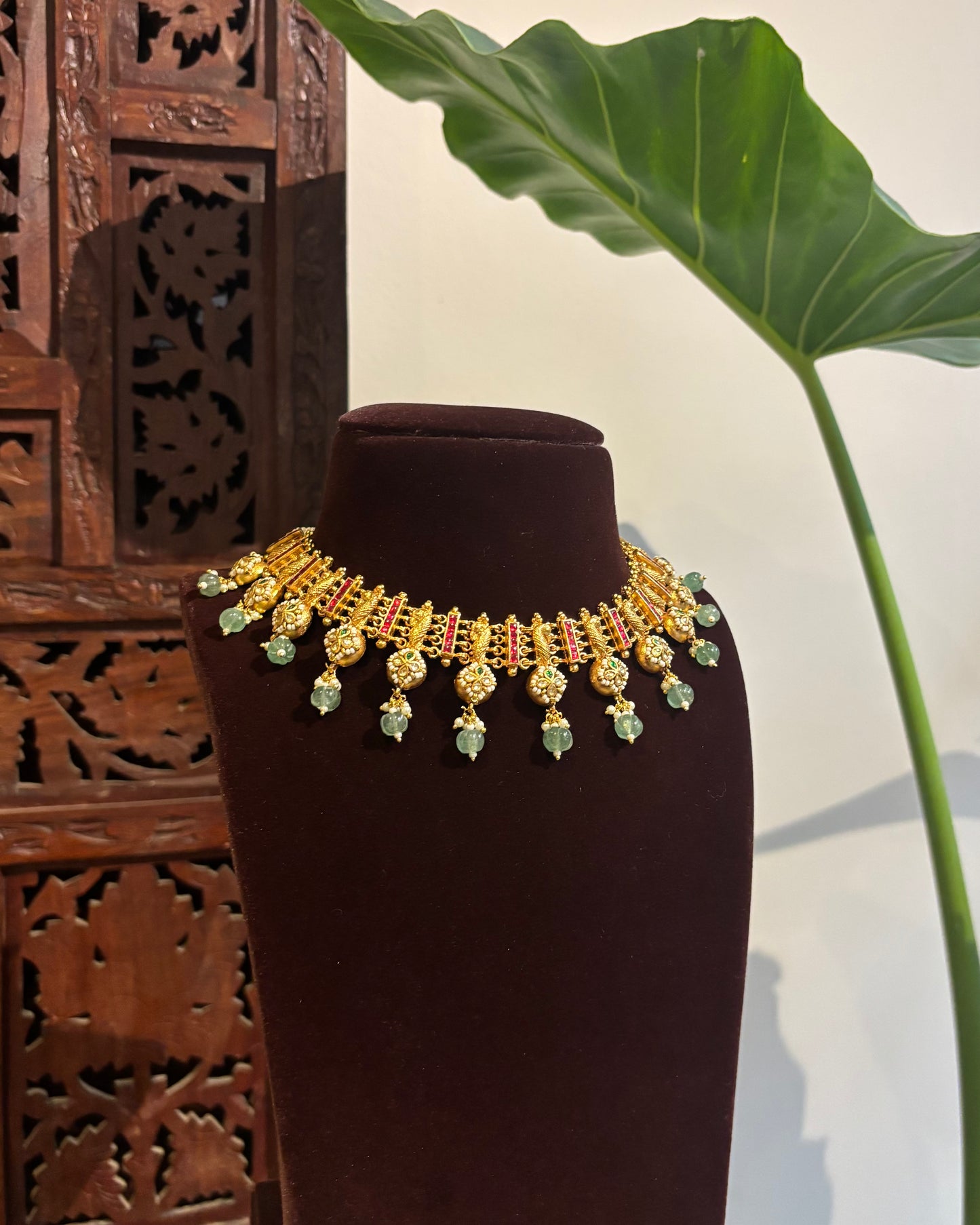 The Aadhya Choker Set – Ruby & Pastel Green Antique Necklace | Varna Edit | NC264