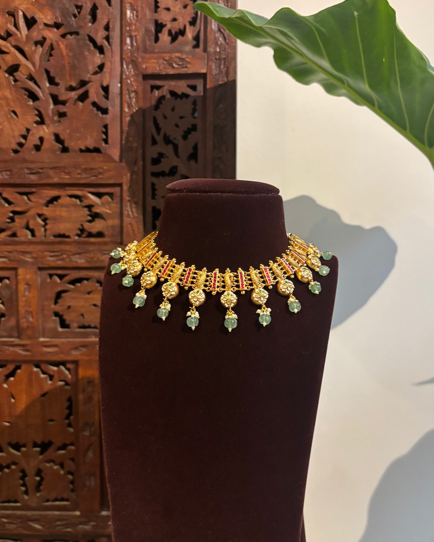 The Aadhya Choker Set – Ruby & Pastel Green Antique Necklace | Varna Edit | NC264