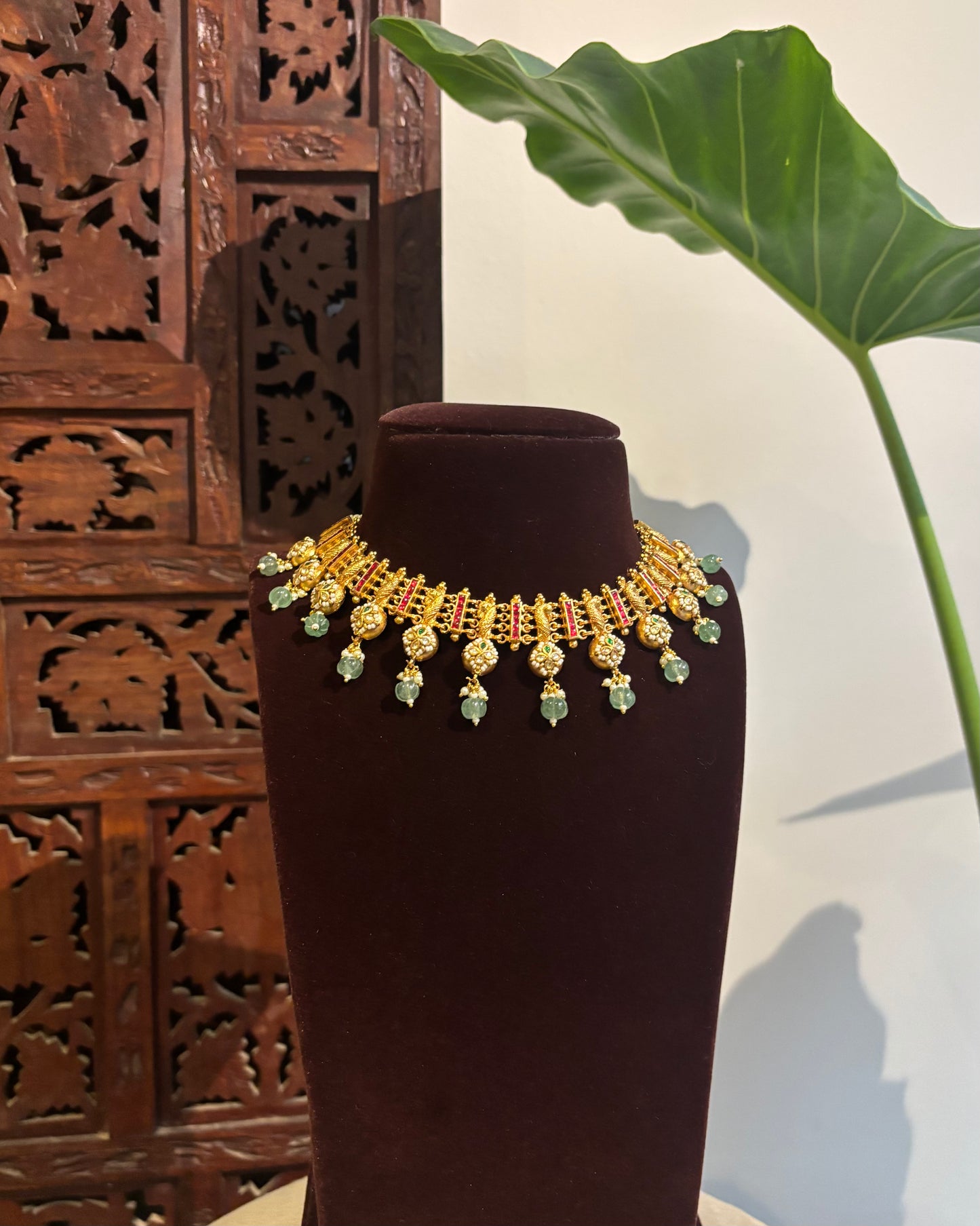 The Aadhya Choker Set – Ruby & Pastel Green Antique Necklace | Varna Edit | NC264