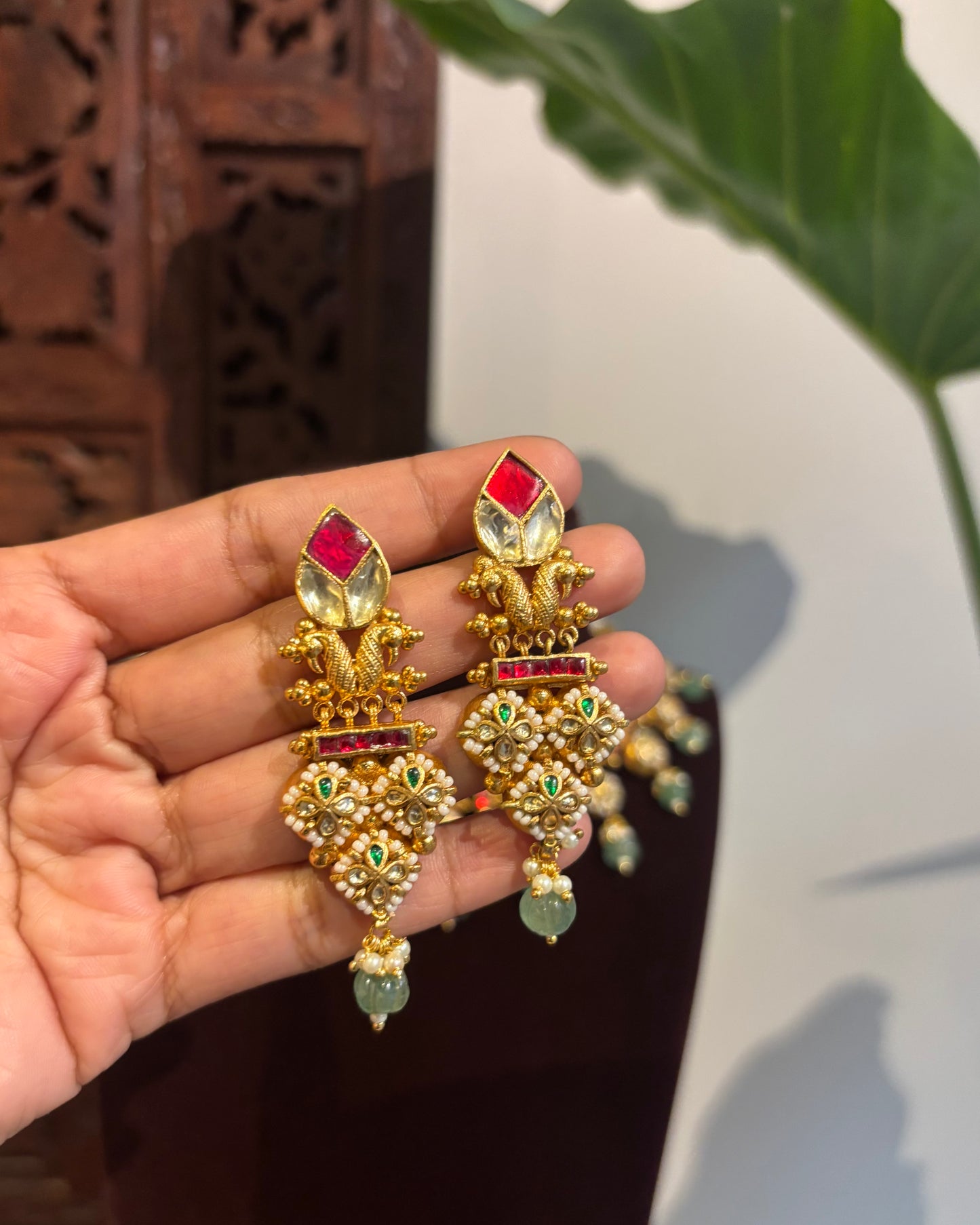 The Aadhya Choker Set – Ruby & Pastel Green Antique Necklace | Varna Edit | NC264