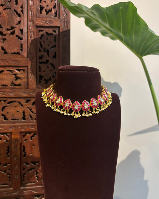 Ruby & White Kundan Necklace – Contemporary Teardrop Design | NC277