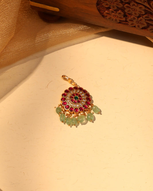 Floral Pink & White Jadau Kundan Maang Tikka