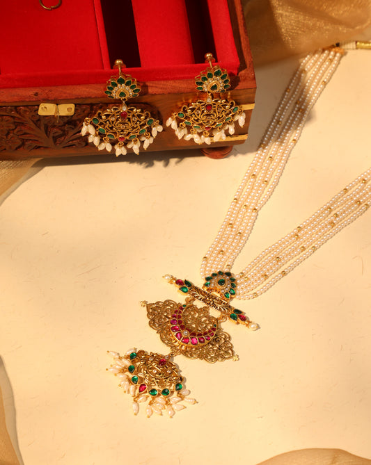 Antique Gold-Plated Jadau Pendant with Pearl Haram & Matching Earrings | NC028