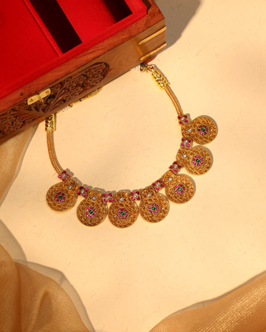 Jadau Kundan Floral Coin Necklace – Antique Gold Finish with Intricate Detailing | NC034