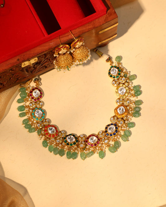 Multicolor Navaratna Jadau Kundan Necklace Set with Earrings - One-of-a-Kind Heritage Design | NC032