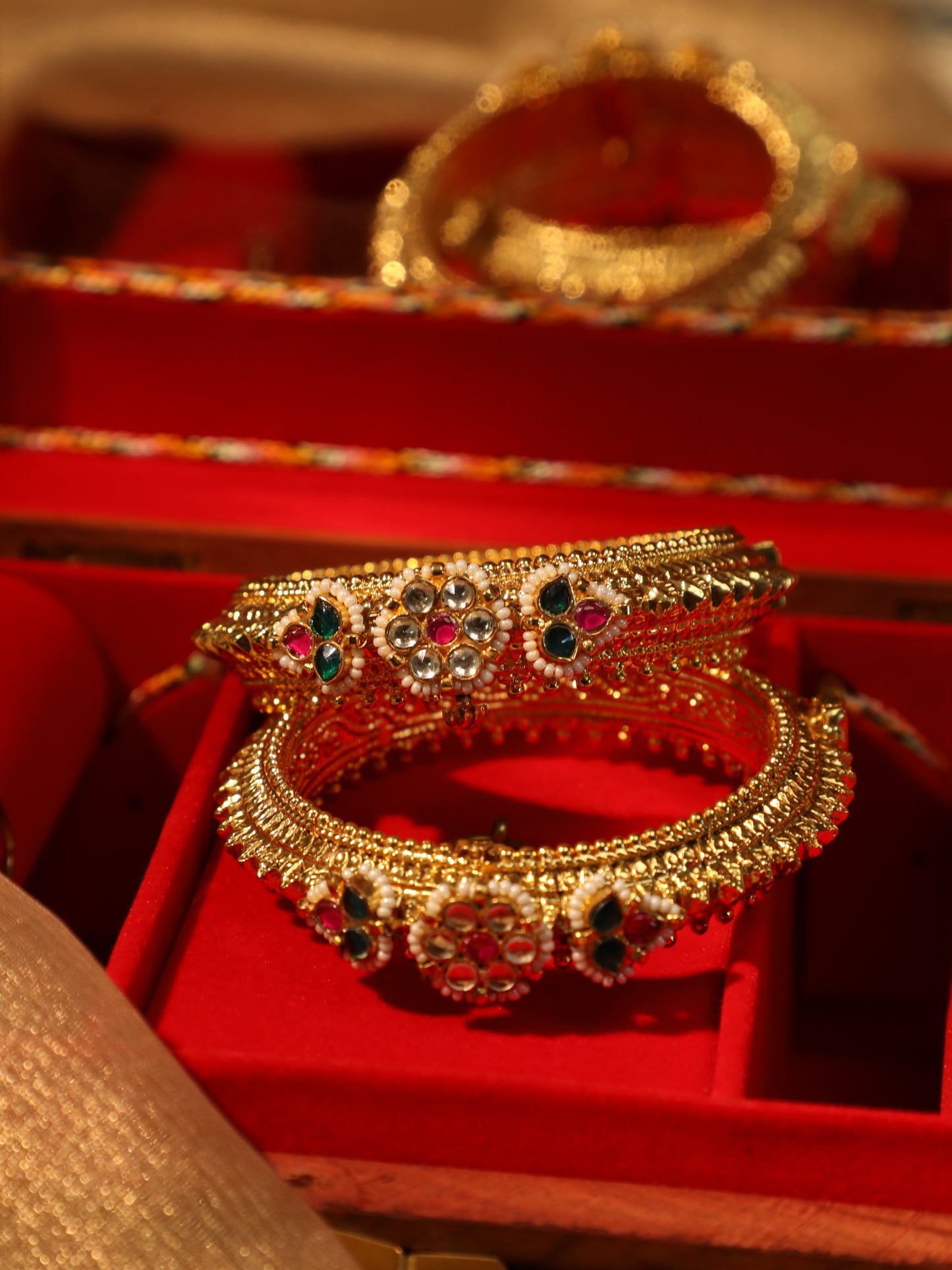 Jadau Kundan Gold Plated Kada Bangles with Multicolor Floral Pendant | BA006
