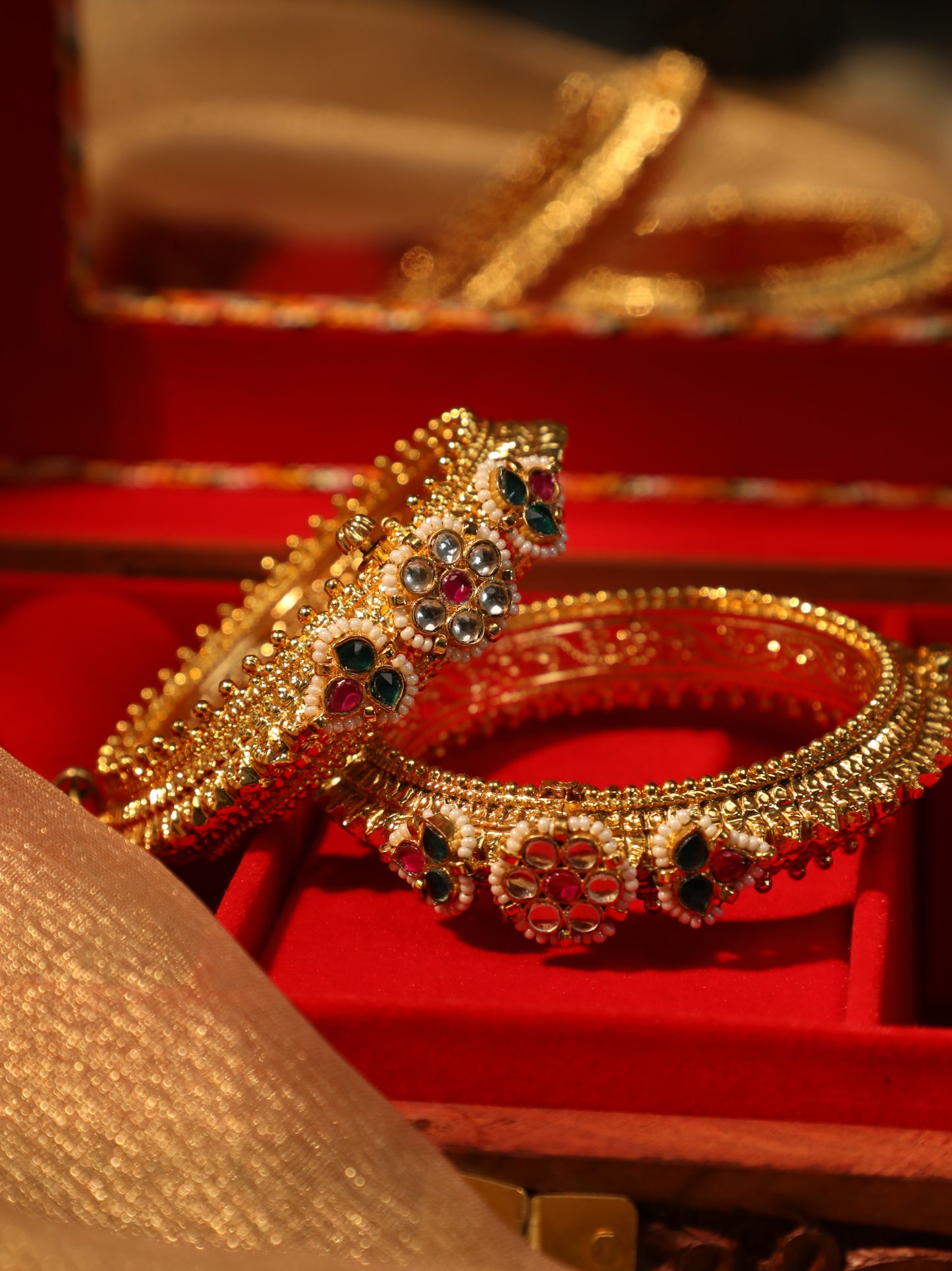 Jadau Kundan Gold Plated Kada Bangles with Multicolor Floral Pendant | BA006