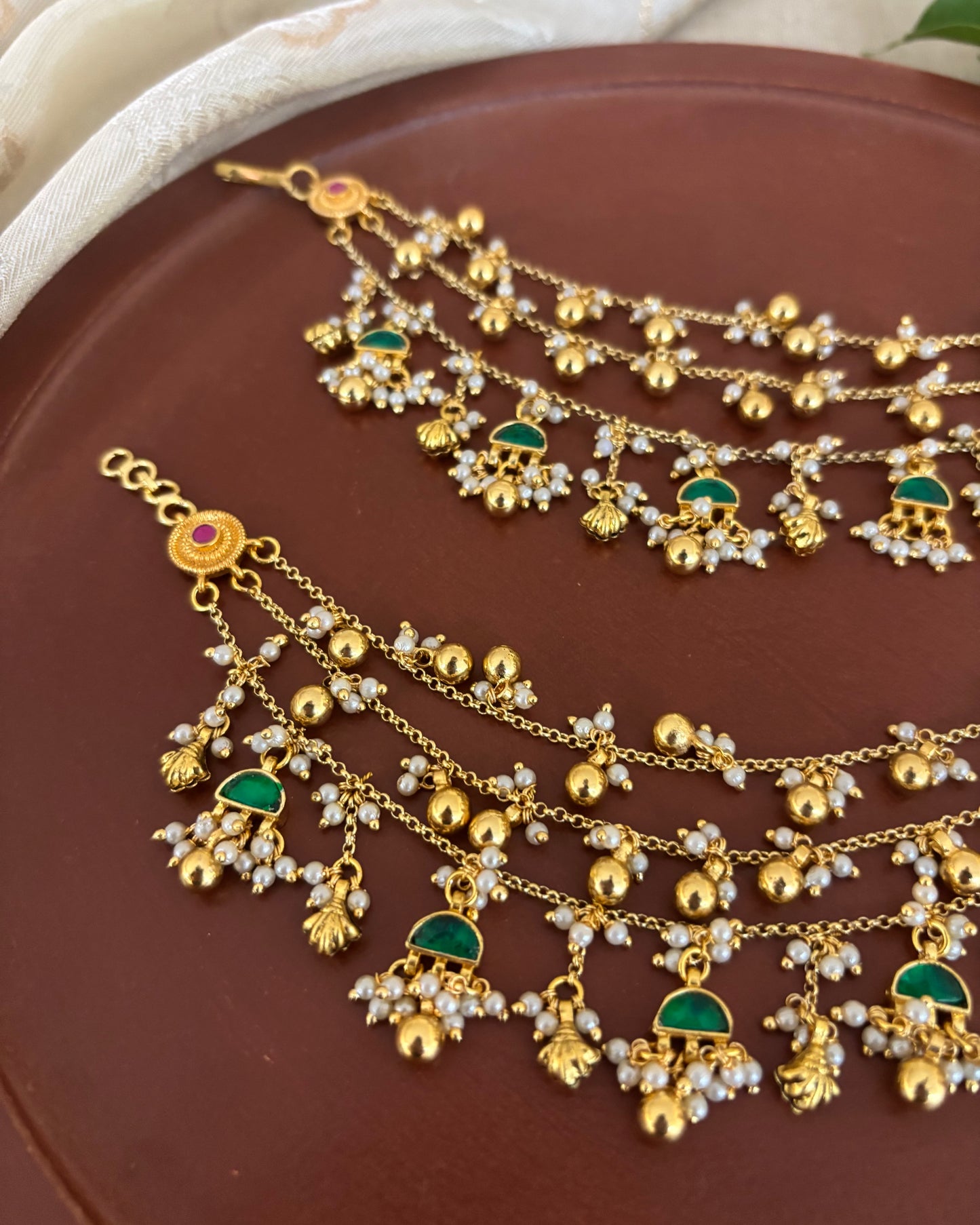 Green Color Gold Plated Jadau Kundan Ear Chain | EC154