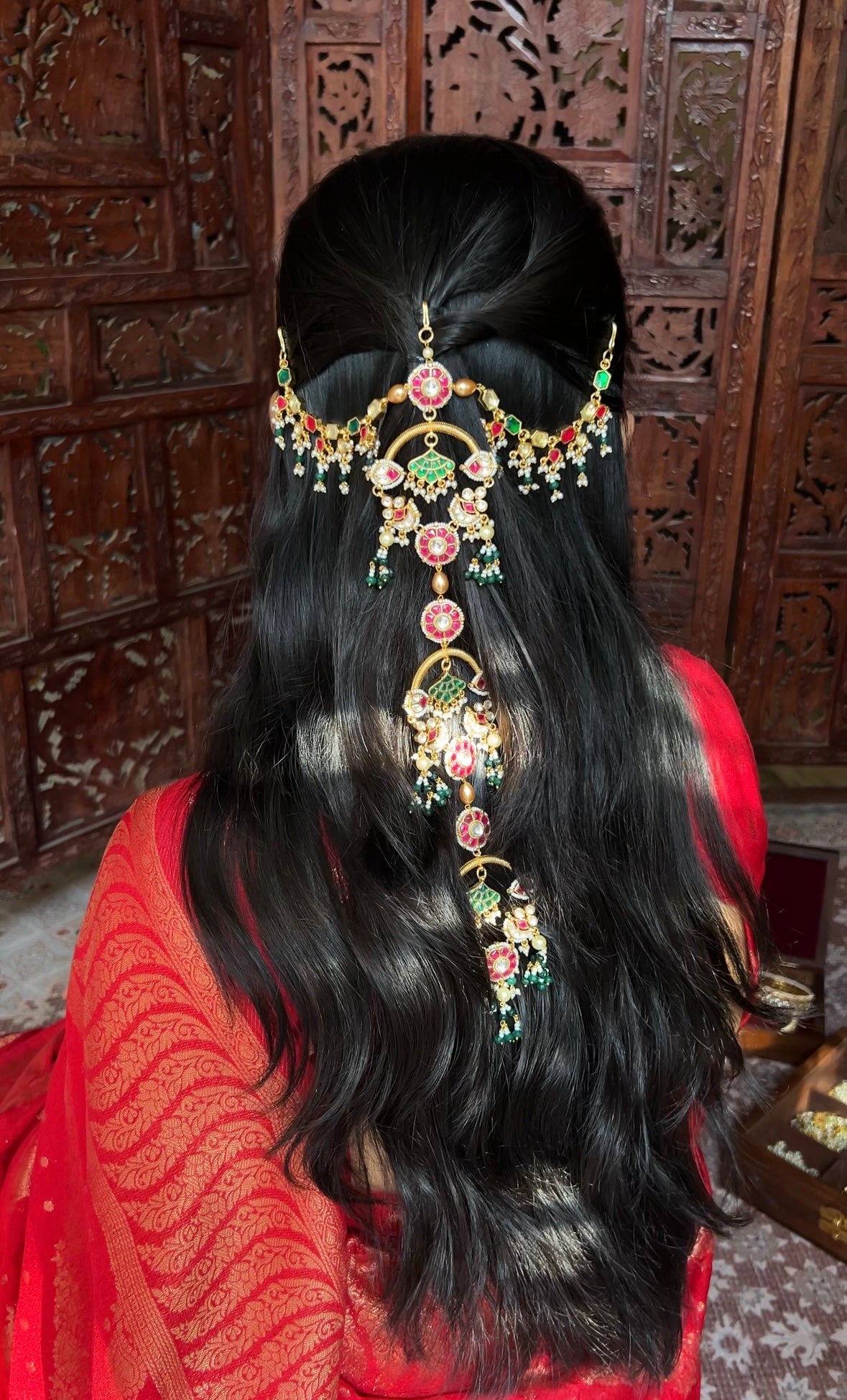 Gold Plated Green Pachi Kundan Hair Accessory with Side Chain| HA150