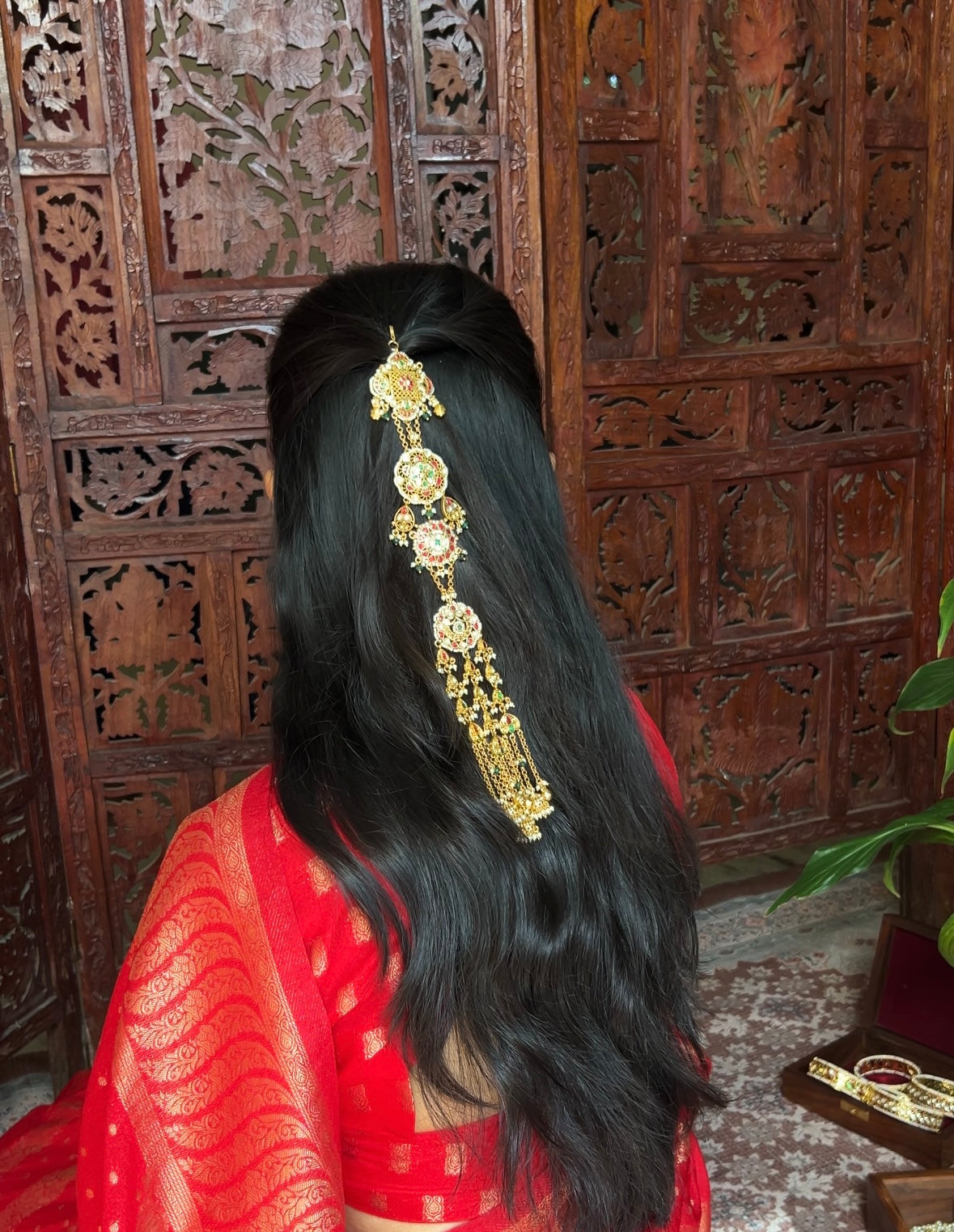 Gold Plated Green Pachi Kundan Hair Accessory with Side Chain| HA151