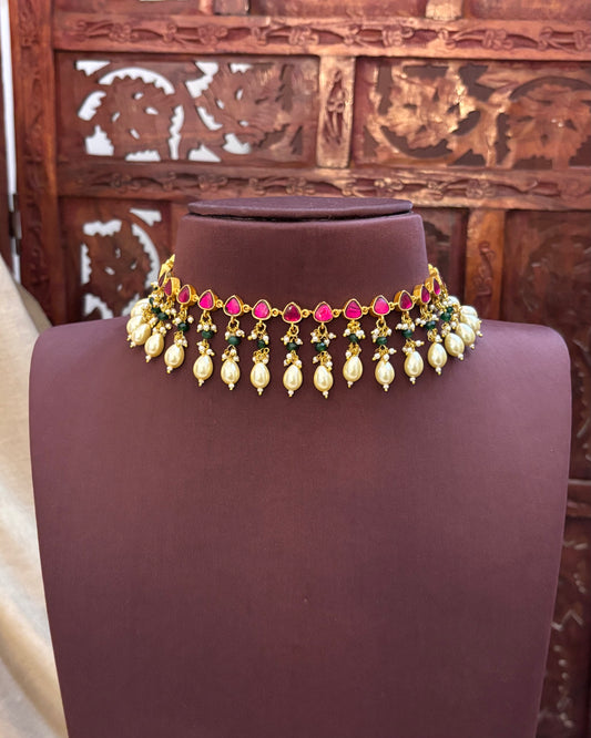Reversible Jadau Kundan Choker Necklace – Pink & Green Dual Tone with Pearl Hangings | NC082