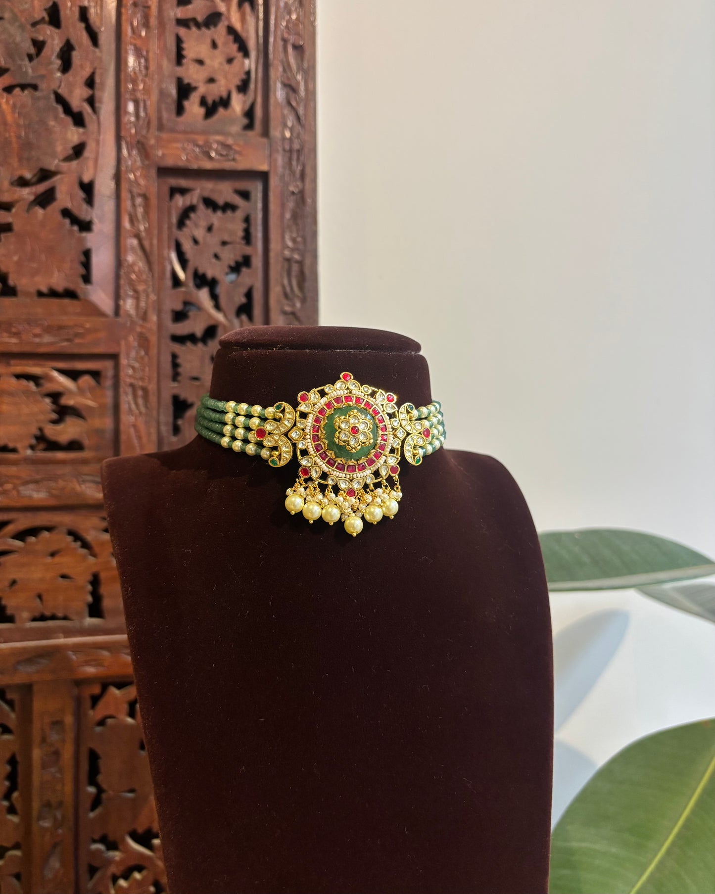 Multicolor Kundan Pendant with Four-Layer Green Beads Choker Set | NC358