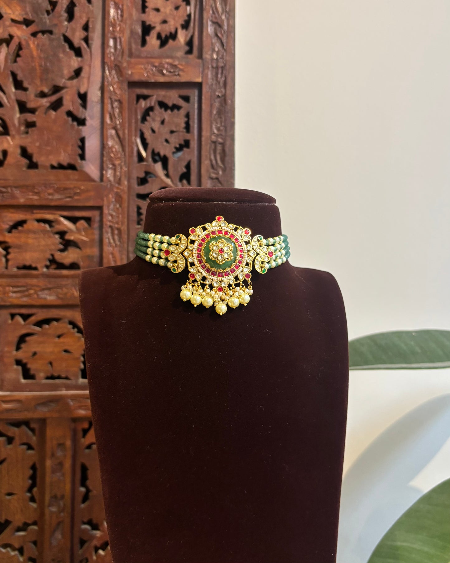 Multicolor Kundan Pendant with Four-Layer Green Beads Choker Set | NC358