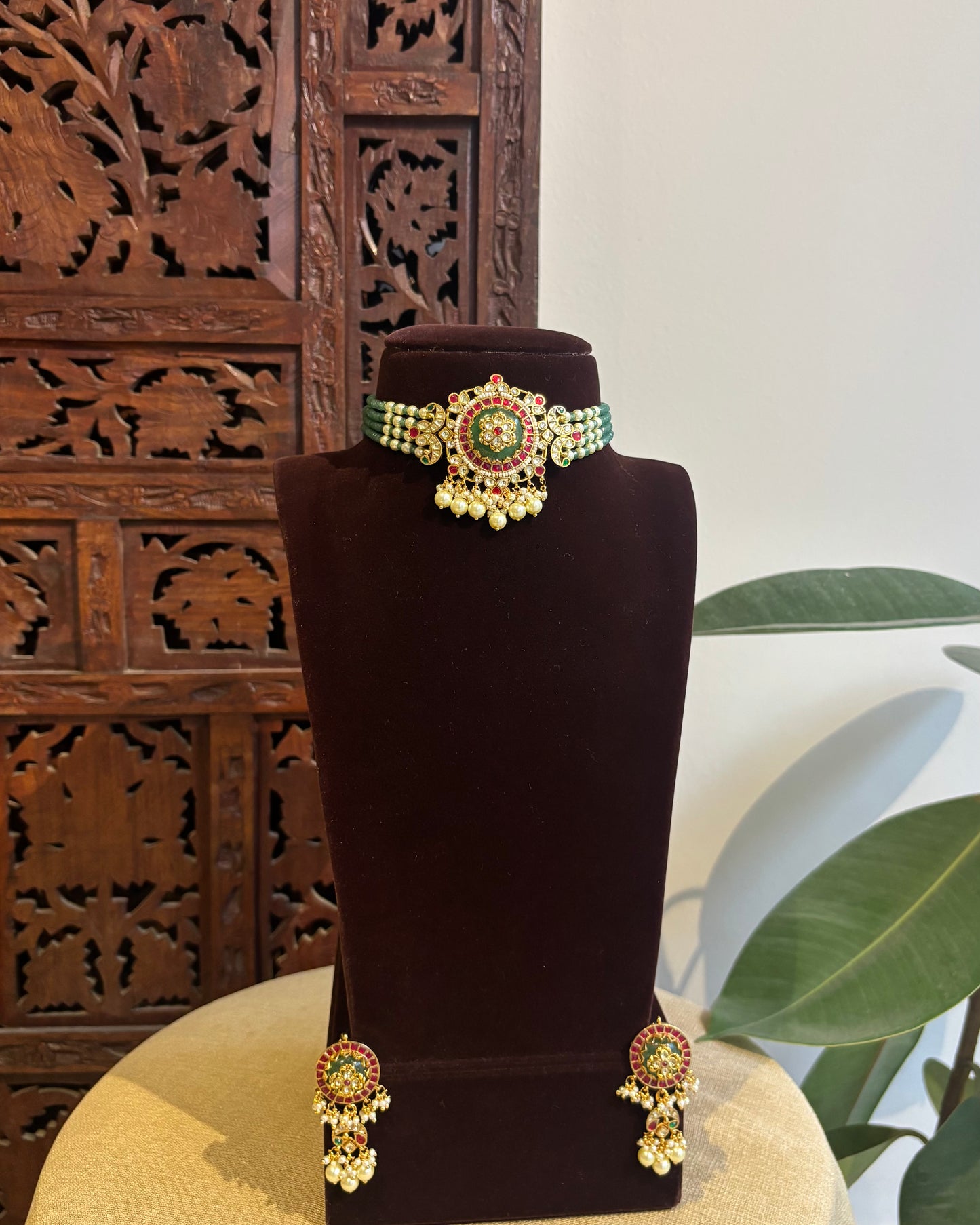 Multicolor Kundan Pendant with Four-Layer Green Beads Choker Set | NC358