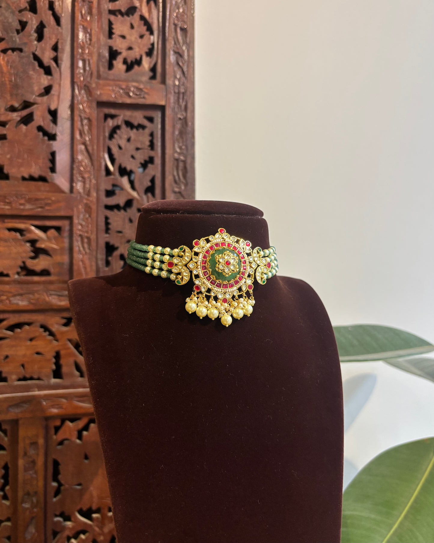 Multicolor Kundan Pendant with Four-Layer Green Beads Choker Set | NC358