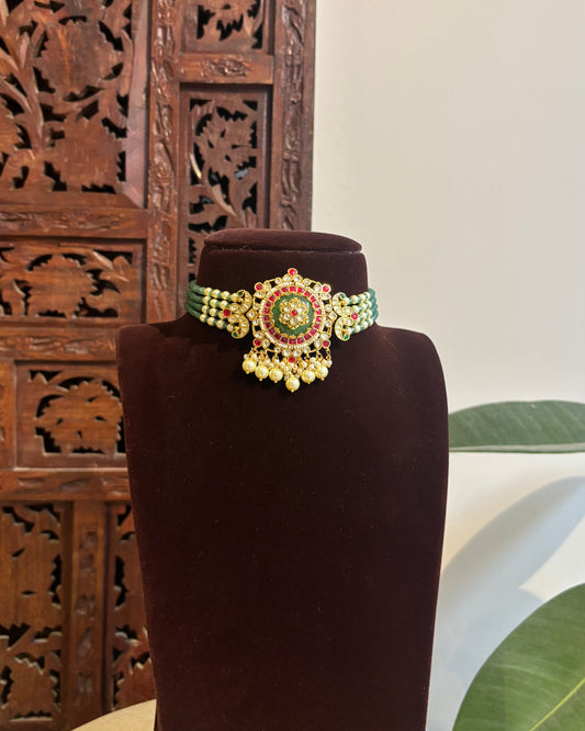Multicolor Kundan Pendant with Four-Layer Green Beads Choker Set | NC358