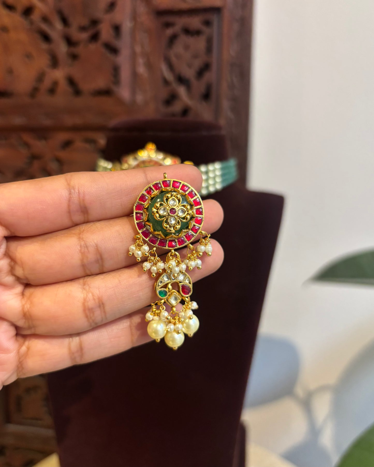 Multicolor Kundan Pendant with Four-Layer Green Beads Choker Set | NC358