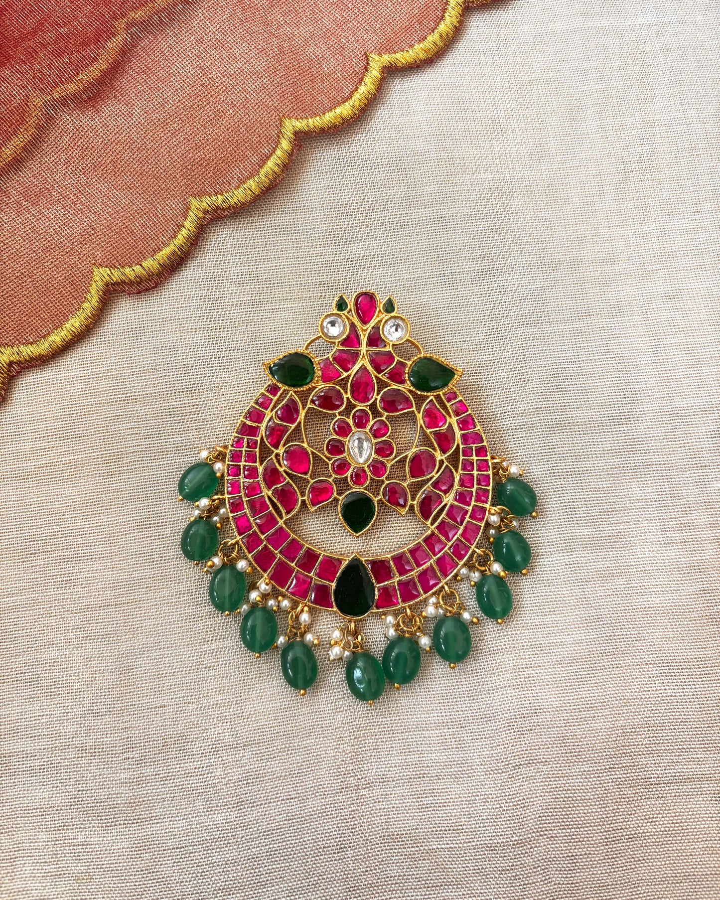 Peacock Round Jadau Pendant with Green Beads | Gold-Plated Traditional Jewelry